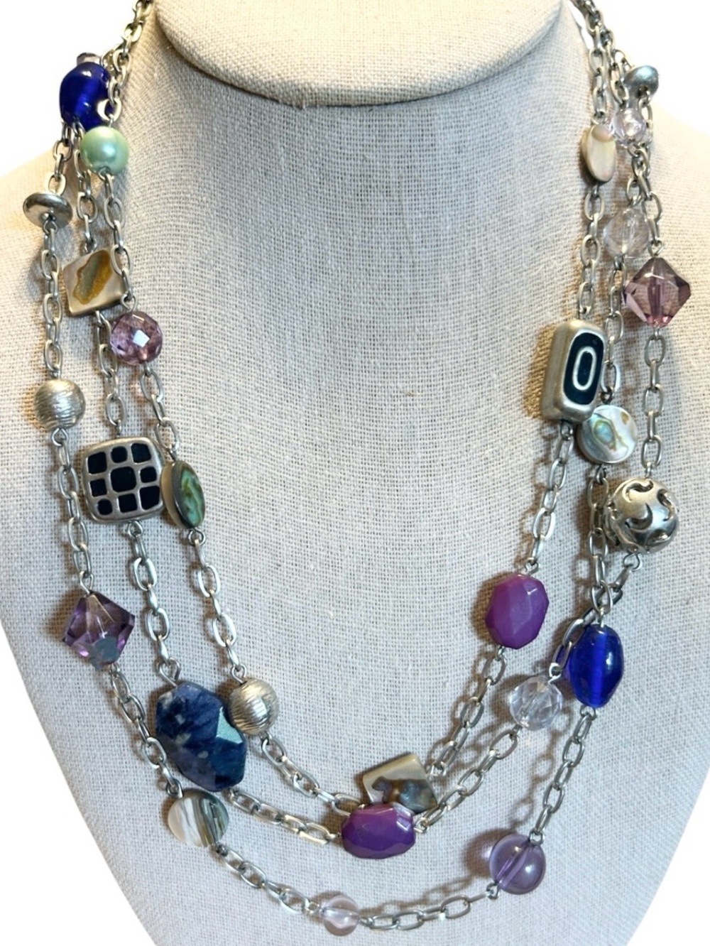 Lia Sophia Carnival Multi Strand Necklace Silver Tone Art Glass & Abalone